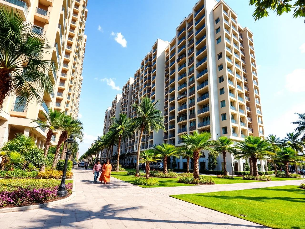 Towers and landscaped walkways inside Amrapali Silicon City